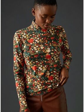 Anthropologie Floral Mock-Neck Long Sleeve Top with Red Accents